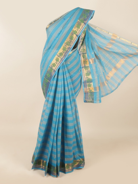 

Pothys Blue & Gold-Toned Striped Zari Pure Cotton Saree