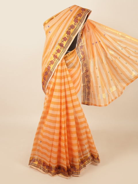 

Pothys Peach-Coloured & Gold-Toned Striped Pure Cotton Saree