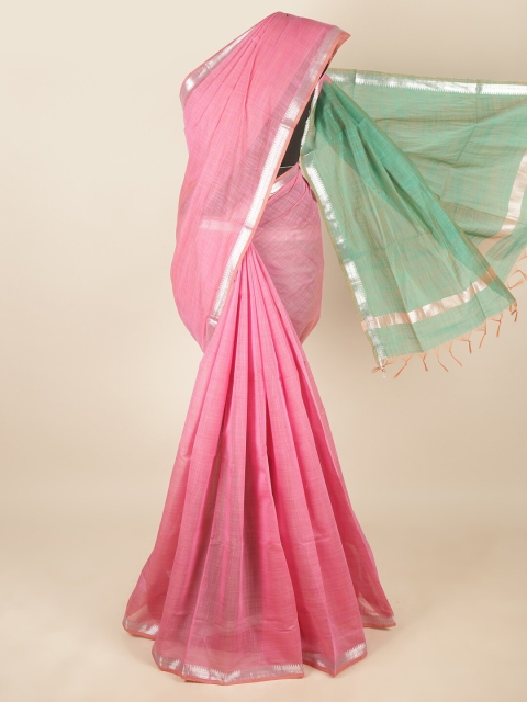 

Pothys Pink & Silver-Toned Zari Silk Cotton Saree
