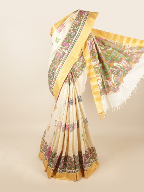 

Pothys Cream-Coloured & Green Ethnic Motifs Printed Pure Cotton Saree