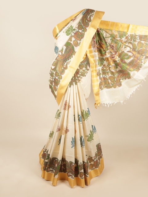 

Pothys Cream-Coloured & Green Kalamkari Zari Pure Cotton Saree