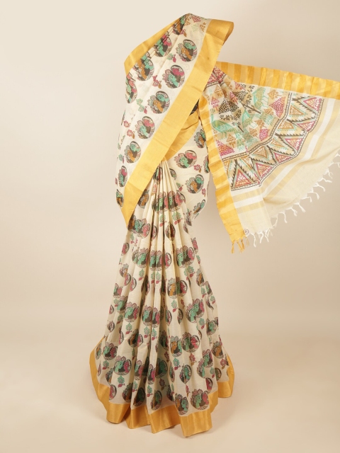 

Pothys Cream-Coloured & Mustard Ethnic Motifs Zari Pure Cotton Saree