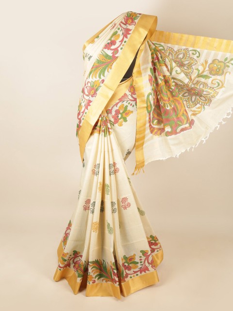 

Pothys Cream-Coloured & Gold-Toned Floral Zari Pure Cotton Saree