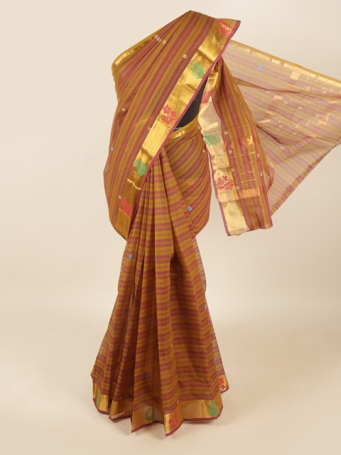 

Pothys Brown & Gold-Toned Striped Pure Cotton Saree