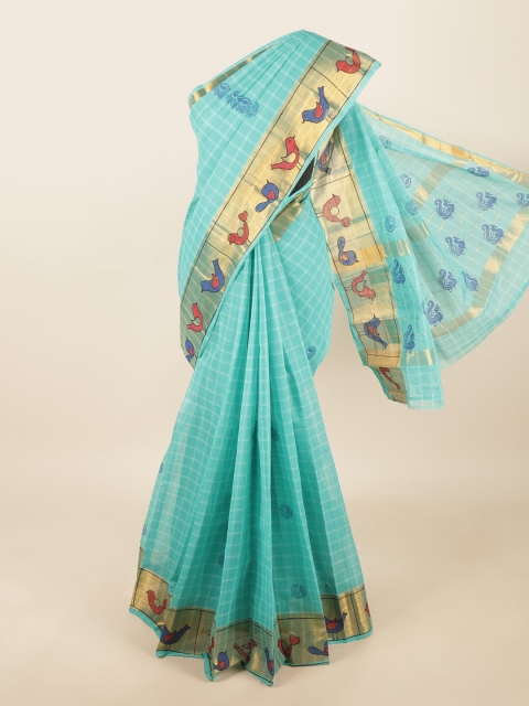 

Pothys Green & Gold-Toned Checked Zari Pure Cotton Saree