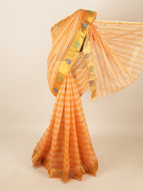 

Pothys Orange & Blue Striped Zari Pure Cotton Saree