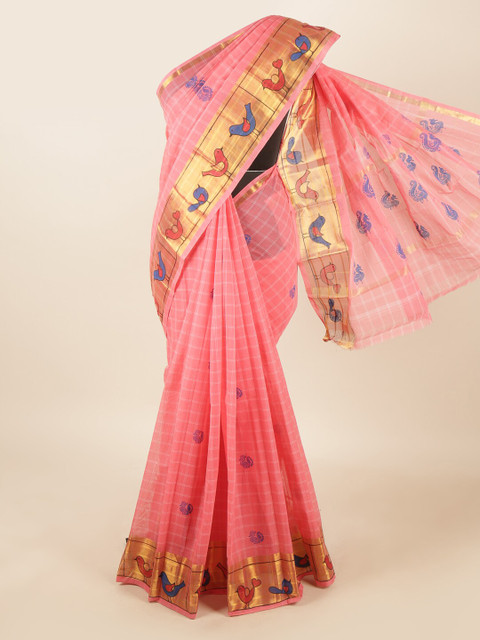 

Pothys Pink & Blue Checked Zari Pure Cotton Saree