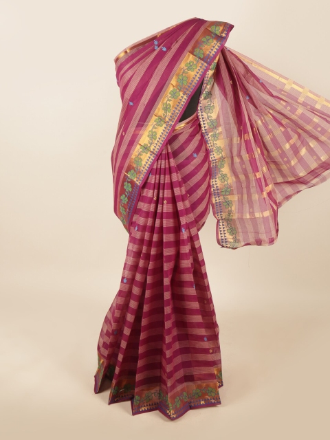 

Pothys Magenta & Gold-Toned Striped Zari Pure Cotton Saree