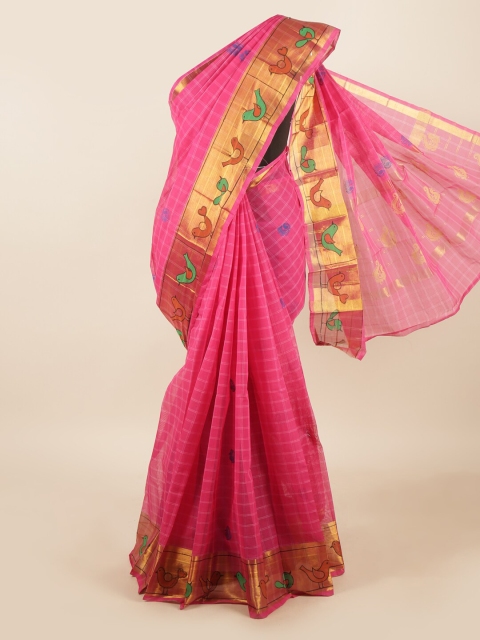 

Pothys Pink & Gold-Toned Checked Zari Pure Cotton Saree