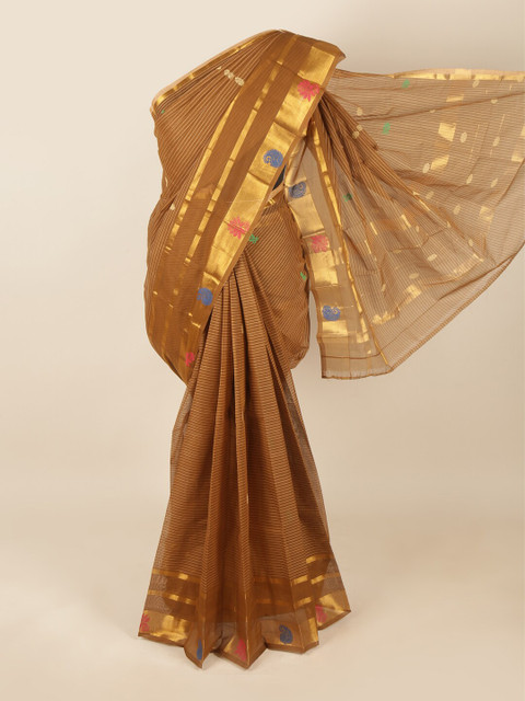 

Pothys Brown & Gold-Toned Striped Pure Cotton Saree