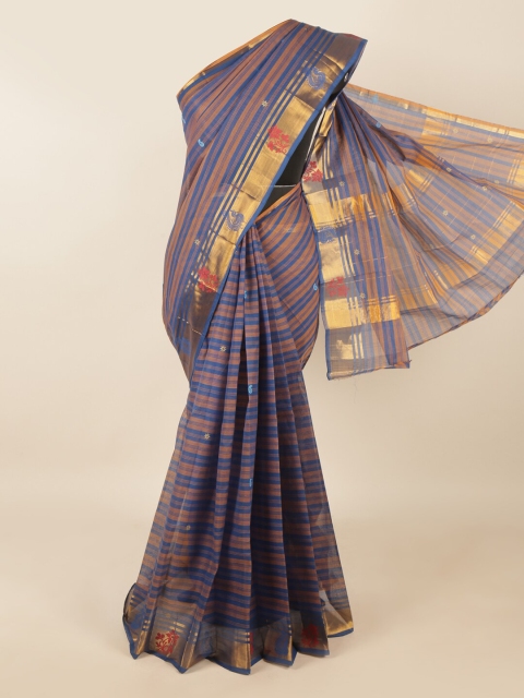 

Pothys Blue & Brown Striped Zari Pure Cotton Saree