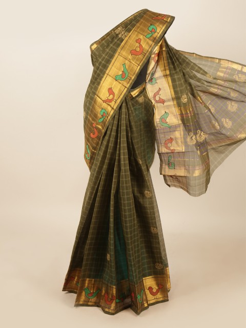 

Pothys Green & Gold-Toned Checked Zari Pure Cotton Saree