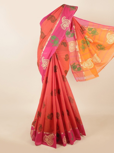 

Pothys Peach-Coloured & Green Paisley Zari Pure Cotton Saree