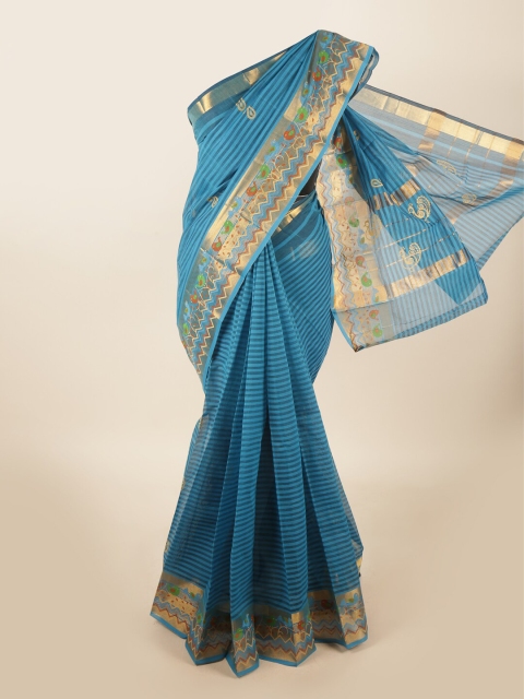 

Pothys Blue & Gold-Toned Striped Zari Pure Cotton Saree