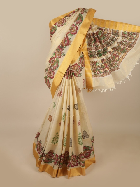 

Pothys Cream-Coloured & Green Kalamkari Zari Pure Cotton Saree