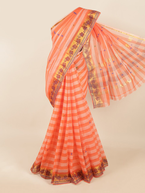 

Pothys Peach-Coloured & Blue Striped Zari Pure Cotton Saree
