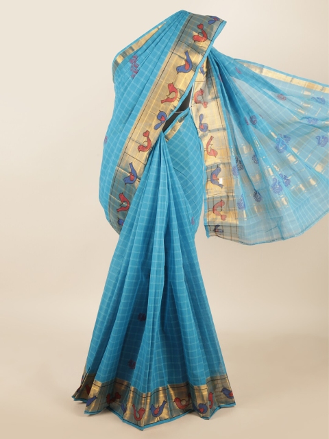 

Pothys Blue & Gold-Toned Checked Zari Pure Cotton Saree