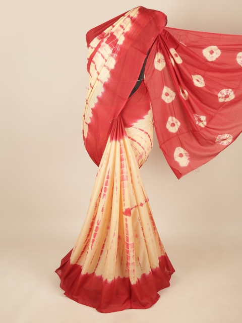 

Pothys Cream-Coloured & Red Tie and Dye Pure Cotton Saree