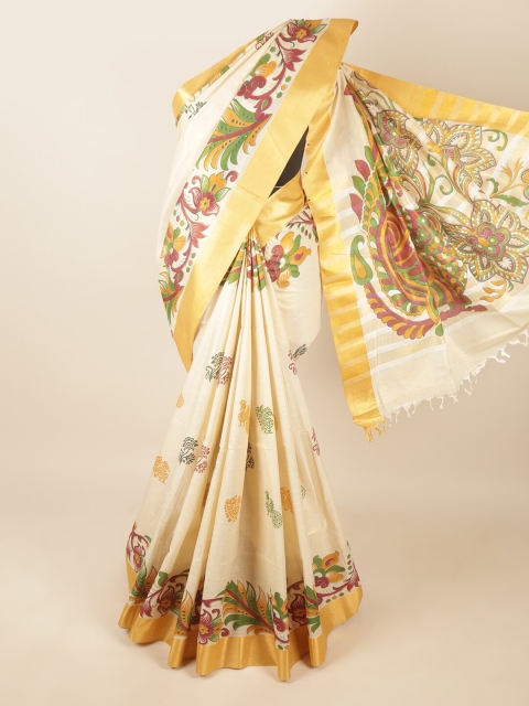 

Pothys Cream-Coloured & Green Kalamkari Zari Pure Cotton Saree