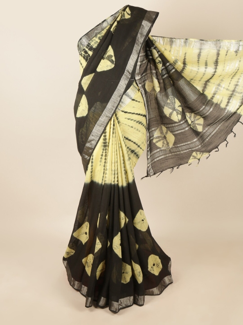 

Pothys Black & Yellow Bandhani Zari Linen Blend Saree