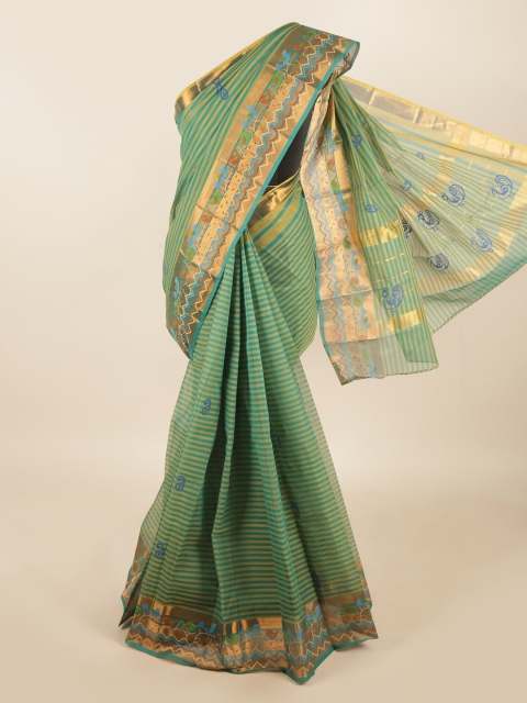 

Pothys Green & Blue Striped Zari Pure Cotton Saree