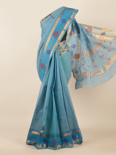 

Pothys Blue & Gold-Toned Striped Zari Pure Cotton Saree
