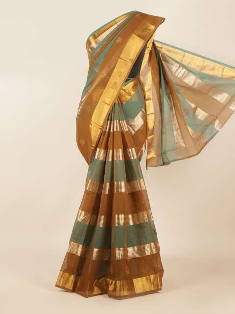 

Pothys Green & Gold-Toned Striped Zari Pure Cotton Saree
