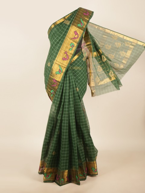 

Pothys Green & Pink Checked Zari Pure Cotton Saree