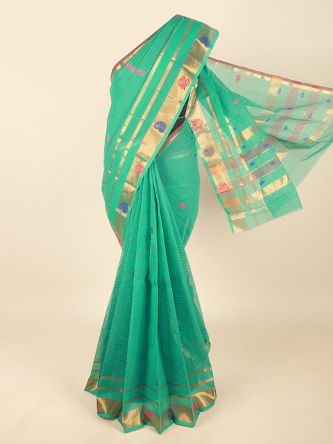 

Pothys Green & Gold-Toned Striped Zari Pure Cotton Saree