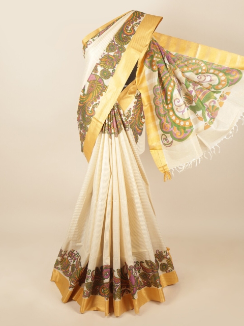 

Pothys Cream-Coloured & Gold-Coloured Ethnic Motifs Zari Pure Cotton Saree