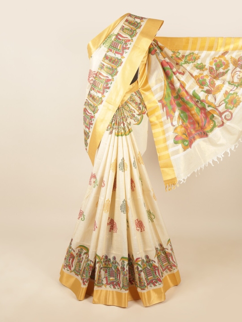 

Pothys Cream-Coloured & Green Ethnic Motifs Zari Pure Cotton Saree