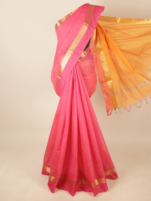 

Pothys Pink & Gold-Toned Solid Zari Silk Cotton Saree