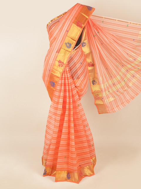 

Pothys Peach-Coloured & Gold-Toned Striped Zari Pure Cotton Saree