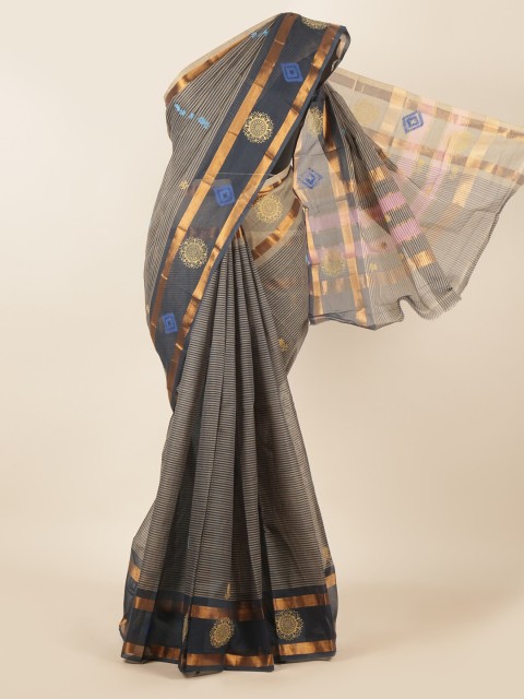 

Pothys Grey & Blue Striped Zari Pure Cotton Saree
