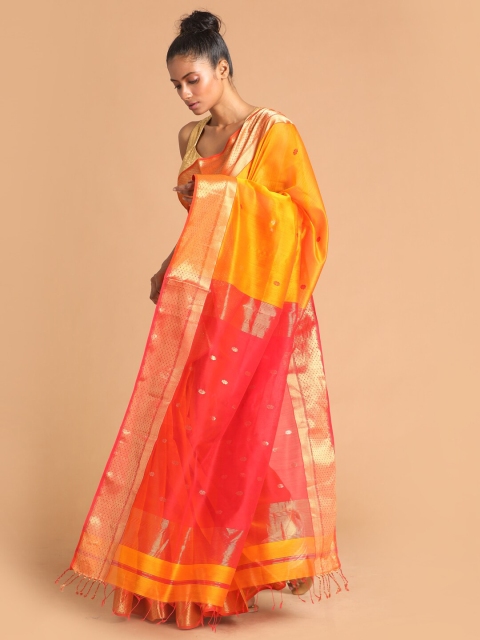 

Indethnic Orange & Red Floral Zari Silk Cotton Maheshwari Saree