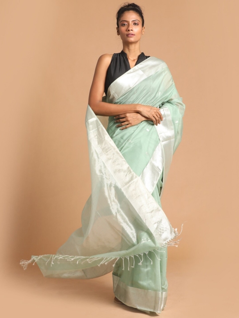 

Indethnic Sea Green & Silver-Toned Woven Design Zari Silk Cotton Maheshwari Saree