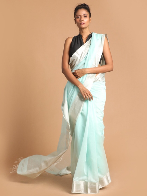 

Indethnic Blue & Silver-Toned Woven Design Zari Silk Cotton Maheshwari Saree
