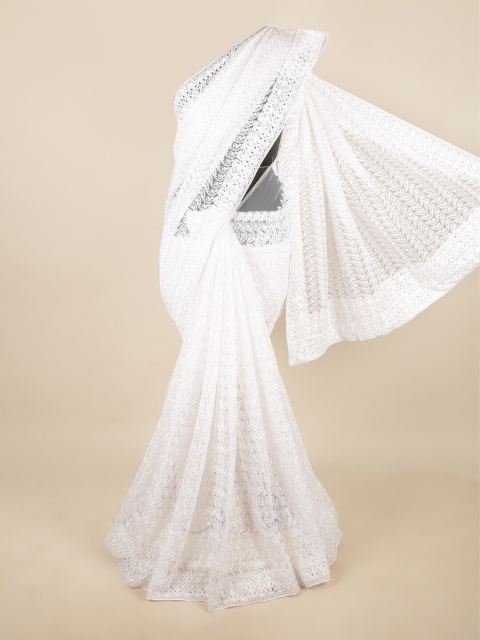 

Pothys White Ethnic Motifs Embroidered Net Saree
