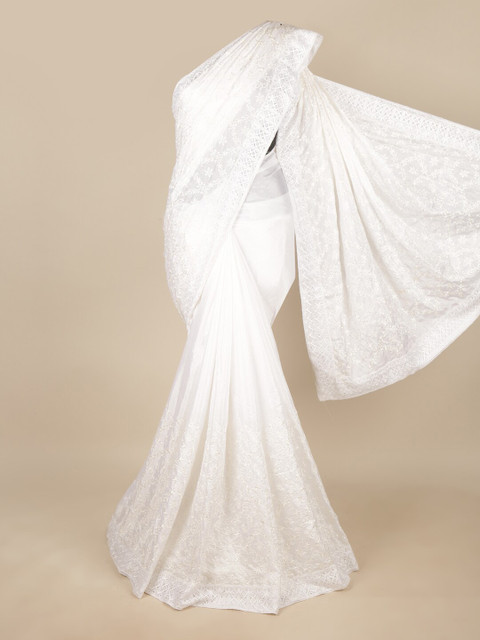 

Pothys White Ethnic Motifs Embroidered Art Silk Saree