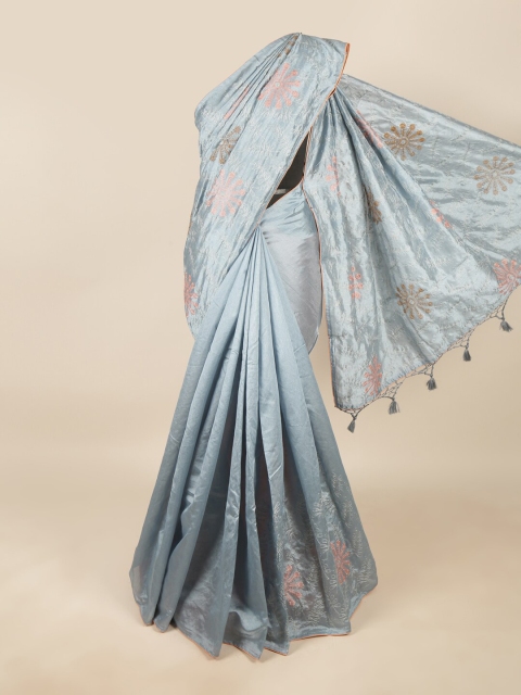 

Pothys Blue & Peach-Coloured Floral Embroidered Art Silk Saree