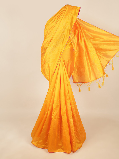 

Pothys Yellow & Magenta Floral Embroidered Art Silk Saree