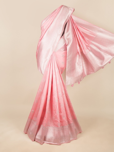

Pothys Pink & Silver-Toned Woven Design Beads and Stones Art Silk Saree