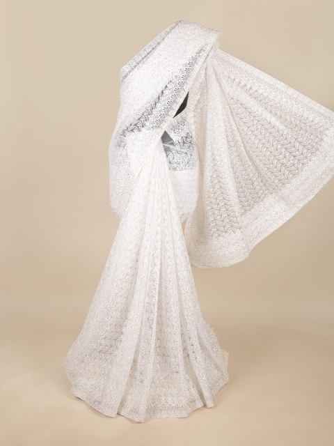 

Pothys White Ethnic Motifs Embroidered Net Saree