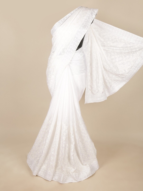 

Pothys White Ethnic Motifs Embroidered Art Silk Saree
