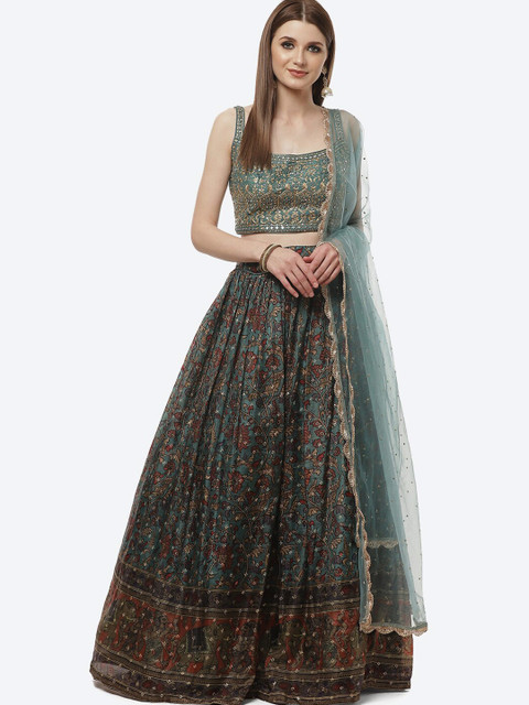 

Meena Bazaar Teal & Gold-Toned Paisley Printed Ready to Wear Lehenga & Blouse With Dupatta