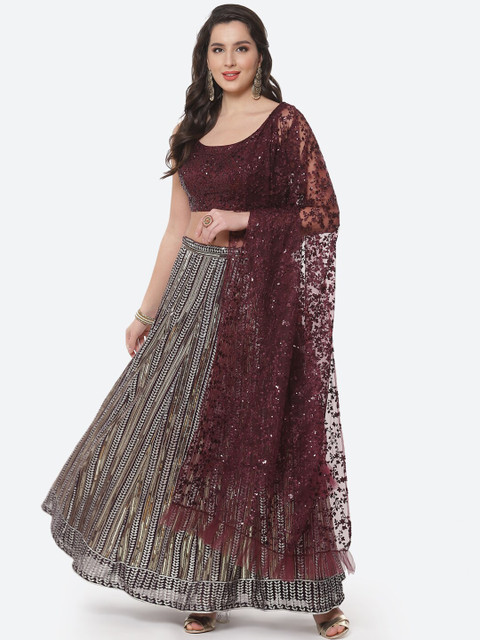 

Meena Bazaar Burgundy & Grey Embellished Ready to Wear Lehenga & Blouse With Dupatta
