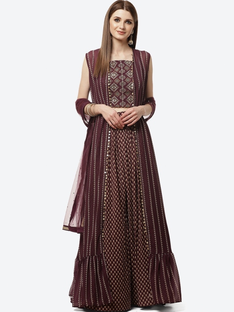 

Meena Bazaar Burgundy & Gold-Toned Embellished Sequinned Ready to Wear Lehenga & Blouse With Dupatta