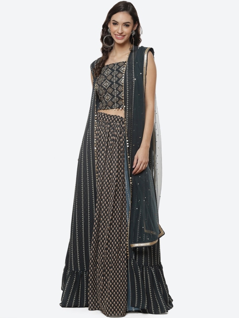 

Meena Bazaar Grey & Blue Embellished Ready to Wear Lehenga & Blouse With Dupatta