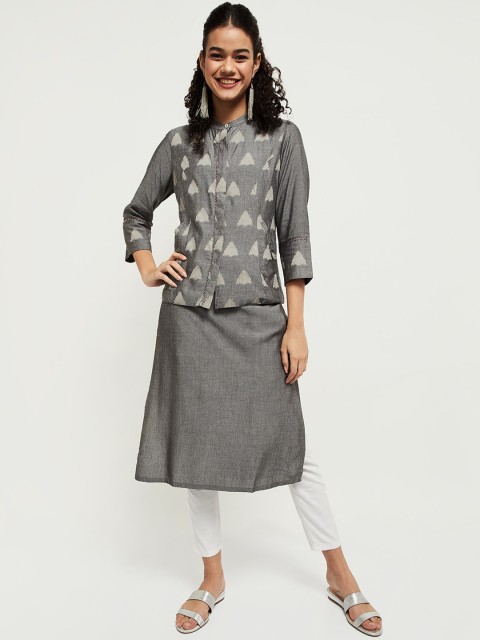 

max Women Grey Geometric Thread Work Kurta