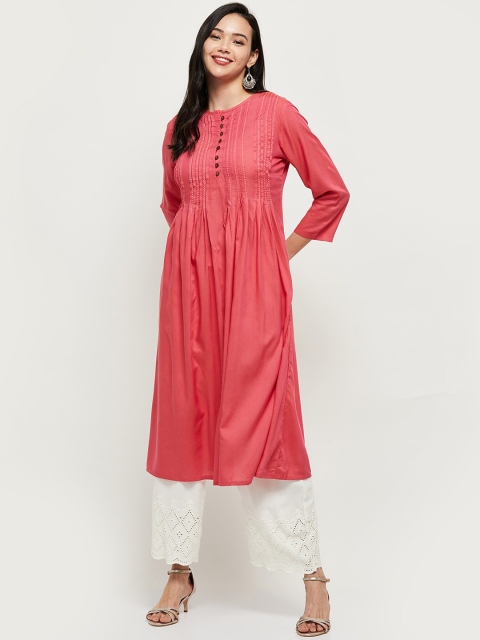 

max Women Pink Thread Work Pleated Kurta